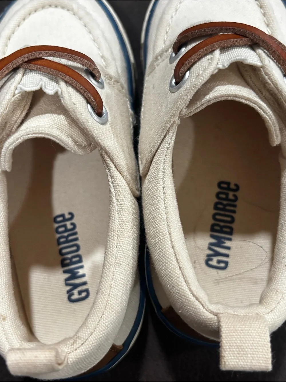 Gymboree Cream Canvas Kids Boat Sneakers with Brown Laces and Blue Trim